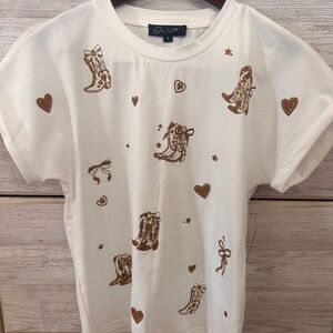 White Western Short Sleeve Tee with Brown Boot & Heart Prints- in Rhinestone!NWT